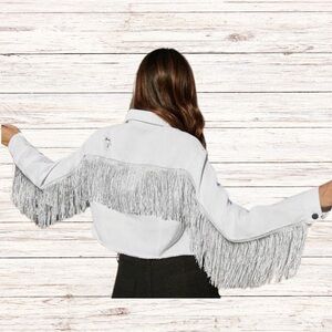 White Fringe Crop Denim Jacket